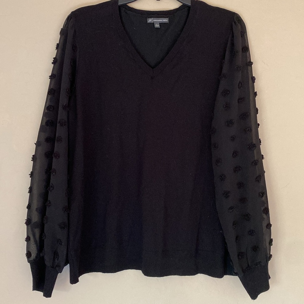 Adrianna Papell, large, black sweater with Swiss dots on the sleeves